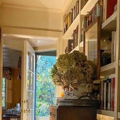 a living room filled with furniture and bookshelves next to a door leading to a patio