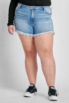 Feel comfortable and stylish all summer long in The Harlow High Rise Denim Shorts Extended! These shorts have it all - comfort stretch, a frayed hem, light wash denim fabric, and a high rise fit that'll give your look some serious street cred. Let the fun begin! Model is 5'7 and wearing 1X Rise: 11.75" Inseam: 4.5" 94% Cotton, 4% Polyester, 2% Spandex Mid-rise Light Wash Shorts With Frayed Hem, Stretch Jean Shorts With Frayed Hem In Medium Wash, Stretch Cutoff Jean Shorts With Frayed Hem, Light Wash Stretch Jean Shorts With Frayed Hem, Stretch Jean Shorts With Frayed Hem In Light Wash, Stretch Cutoff Light Wash Jean Shorts, Light Wash Stretch Cutoff Jean Shorts, Stretch Light Wash Shorts With Frayed Hem, Light Wash Stretch Shorts With Frayed Hem