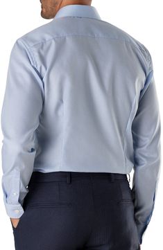 A textured, spread-collar dress shirt is cut from crease-resistant cotton for a slim, modern fit. Permanent collar stays. French placket. Adjustable-button cuffs. Back yoke. 100% cotton. Machine wash, line dry. By Eton; imported. Men's Furnishings. Blue Button-up Dress Shirt With Concealed Placket, Fitted Dress Shirt For Business, Blue Business Shirt With Fold Down Collar, Business Dress Shirt With Concealed Placket, Blue Shirt With Concealed Placket For Office, Fitted Shirt With Welt Pockets For Business, Blue Office Shirt With Concealed Placket, Tailored Blue Dress Shirt For Business, Blue Dress Shirt With Placket For Work