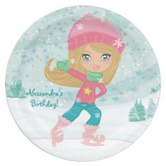 a paper plate with a cartoon girl skating on snow covered ground and trees in the background