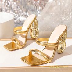 Summer Chic High Heels: Sexy Street Sandals for Trendy Women Golden Sandals, Chic High Heels, Golden Shoes, Statement Heels, Gold High Heels, Chic Summer Style, Womens Gladiator Sandals, High Heel Slippers, Summer Heels