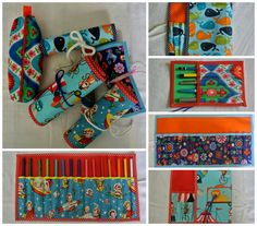 several different types of children's pencils and pens in various patterns, sizes and colors