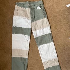 Very Cute And Trendy Pants, Size Medium. Full Length And High Rised. Not Much Give In The Material. Like New, Never Worn Before. Beige Patchwork Pants For Spring, Fitted White Bottoms With Patchwork Details, Spring White Color Block Pants, White Patchwork Bottoms For Spring, Casual White Patchwork Pants, Khaki Patchwork Bottoms For Spring, White Patchwork Long Pants, Khaki Cotton Patchwork Bottoms, High Waist White Pants With Patchwork