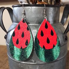 "Watermelon Faux Leather Teardrop Earrings! All jewelry is nickel free! **All earrings come with the back lined with black or a matching color vinyl** These are made by hand with love! Earrings are 3\" drop length Please select silver, bronze or gold jewelry in the options. *Message me for any custom requests*" Nickel Free Teardrop Earrings For Summer, Casual Black Earrings For Summer, Black Casual Summer Earrings, Casual Black Summer Earrings, Adjustable Teardrop Earrings For Summer Gifts, Adjustable Teardrop Earrings For Summer, Summer Teardrop Earrings, Woodburn Earrings, Hand Painted Earrings Wood