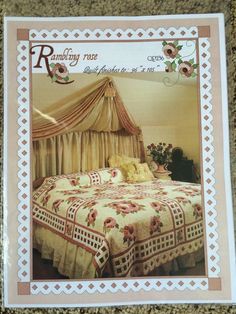 an advertisement for a bed and curtains in a bedroom with flowers on the bedspread