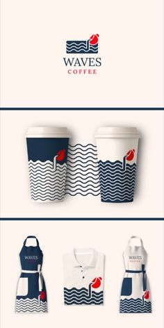 coffee cups and aprons with the words waves coffee on them, all in different colors