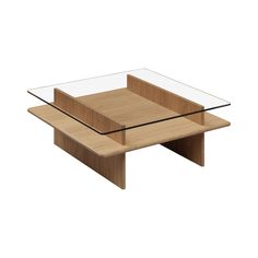 a glass and wood coffee table on white background