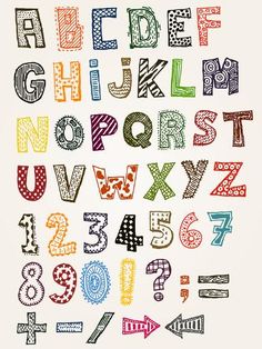 an alphabet made from crayon letters and numbers with different patterns on white background