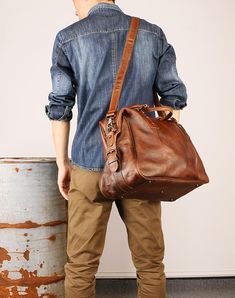 Vintage Leather Travel Bag Mens/ Womens Rectangular Leather Shoulder Bag For Travel, Leather Lined Tote Shoulder Bag For Trips, Leather Lined Satchel Bag For Trips, Classic Leather Shoulder Bag For Travel, Classic Leather-backed Shoulder Bag For Travel, Travel Leather Backpack With Luggage Sleeve, Classic Backpack Shoulder Bag For Travel, Leather Backed Travel Satchel Shoulder Bag, Travel Shoulder Satchel With Leather Backing