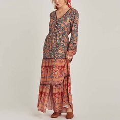 Floral Print Sexy V-Neck Long Sleeve Boho Maxi Dress













size


Bust


shoulder


sleeve


 Hem-line


Length




INCH


CM


INCH


CM


INCH


CM


INCH


CM


INCH


CM




S


33.1


84


14.2


36


23.6


60


92.9


236


53.9


137




M


34.6


88


14.6


37


24.0


61


92.9


236


54.3


138




L


36.2


92


15.0


38


24.4


62


92.9


236


54.7


139 Fitted V-neck Boho Dress With Boho Print, Long Sleeve Boho Print Maxi Dress, Bohemian V-neck Dress For Fall, Bohemian Fitted V-neck Long Sleeve Dress, Fitted Long Sleeve Bohemian V-neck Dress, Fitted Bohemian V-neck Dress With Long Sleeves, Hippie Boho Dress With V-neck For Fall, Hippie Boho V-neck Dress For Fall, Bohemian V-neck Dress For Fall Vacation