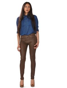 Our best selling style with an awesome mid rise fit and a skinny leg that elongates and flatters Coated Super Stretch Denim softly hugs and moves with your skin, breathes, and won't stretch out A dark brown coating with a subtle sheen for a leather-like look and a rock and roll feel Style # 600-45 Fit & Size: Model is 5'9.5" and wearing a size 26. Fits true to size. Super skinny ankle. Front Rise: 9" Bottom Opening: 10" Inseam: graded 28"- 30" Content: 98% Cotton 2% Elastane To maintain coating, Brown High Rise Jeans For Work, High Rise Brown Jeans For Work, High Rise Brown Jeans For Workwear, Brown Mid-rise Jeans For Work, Mid-rise Brown Jeans For Work, Brown Jeans For Workwear During Fall, Fall Brown Jeans For Workwear, Brown Jeans For Workwear In Fall, Brown Workwear Jeans For Fall