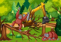 an illustration of two monkeys working in the forest with a bulldozer behind them