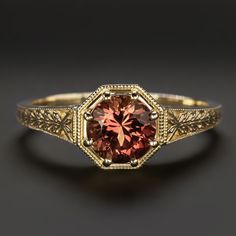 Why we love it:Featuring a rich red tourmaline, this solitaire ring is beautifully crafted with romantic, vintage style details!Highlights:- 1.15ct tourmaline center with rich red color and a lively play of light- Romantic vintage style details- Buttery 14k yellow goldDimensions:7.9mm across (north-south) and 5.8mm from the finger to the top of the ring. Vintage Engagement Ring Gold, Ruby Gold Rings For Women, Colorful Engagement Rings, Vintage Gold Engagement Rings, Floral Cocktails, Antique Engagement Rings Vintage, Red Tourmaline, Vintage Cocktail Ring, Womens Jewelry