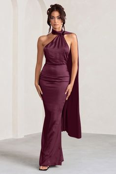 Make the most of every occasion in our beautiful Mademoiselle maxi dress. With a feminine asymmetric scarf neck that elegantly falls down the super feminine cowl back detail, this dazzling burgundy satin design is pure sophistication. You will look stunning in this gorgeous gown at your next VIP party, black-tie or gala event.  Features - Asymmetric scarf neck - Backless design - Cowl back detail - Premium satin fabric  Sizing & Fit Model is 5'8' and wears UK size 8 / US size 4  Product Information   Fully lined and with no stretch Satin fabric (100% Polyester) Length from top of shoulder to hem: 158cm SKU: CL127576069 Scarf Dresses, Satin Design, Stretch Satin Fabric, Gala Event, Velvet Prom Dress, Backless Maxi Dress, Beautiful Maxi Dresses, Black Tie Gala, Scarf Neck