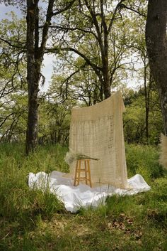 a chair sitting on top of a white sheet in the grass next to some trees