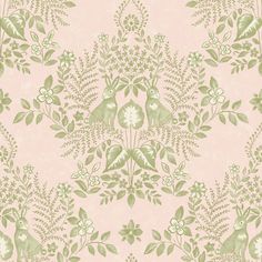 a pink and green floral wallpaper with birds