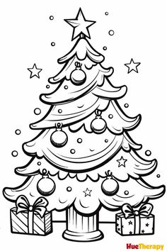 a christmas tree with presents under it and stars on the top, in black and white