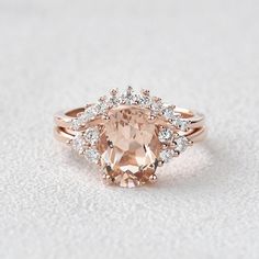 3ct Morganite Oval Classic Rose Gold Ring Set 2PCS - Felicegals Morganite Bridal Set, Rose Gold Wedding Ring Sets, Heart Cut Ring, Peach Morganite Ring, Morganite Ring Set, Oval Morganite Ring, Rose Gold Bridal Set, 14k Rose Gold Wedding Ring, Rose Gold Ring Set