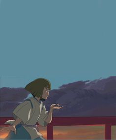 an animated image of a woman standing in front of a fence with mountains in the background