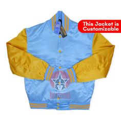 DETAILS OF JACKET The Classic Satin Varsity Jacket Color: Sky Blue /Gold Sky Blue Gold Rib on Neck, Wrist & Bottom/Hem Two External Side Pockets Interior: Polyester Quilted lining & Two Internal Pockets Style: Classic Varsity Care: DRY CLEAN ONLY We can add custom embroidery, printing, or labels on these jackets as per the customer's demand. Additional charges apply Yellow Satin, Baseball Varsity Jacket, Custom Jacket, Letterman Jacket, Gold Satin, Green Satin, Custom Embroidery, Style Classic, Gold Yellow