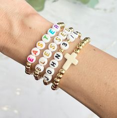 ☦️The listing is for one bracelet. Perfect for adding to a stack of wearing alone! Bracelets make a great gift!  ☦️Gold bracelets are made with 14k gold plated beads in 5mm. Choose your own word, phrase of bible verse and letter bead color.  ☦️Be sure to enter your word or bible verse of choice in the personalization section. If ordering the cross bead bracelet, enter NA for not available since it does not require personalization.    ☦️Bracelet makes a perfect Easter gift for the one you love! Inspirational Personalized Faith Name Bracelet, White Custom Name Letter Bracelets, Custom Name White Letter Bracelets, Inspirational Custom Name Adjustable Bracelet, Inspirational Adjustable Bracelets, Customizable, Inspirational Adjustable Customizable Bracelets, Customized Inspirational Adjustable Name Bracelet, Customized Inspirational Name Bracelet Adjustable, Inspirational Customizable Adjustable Bracelets