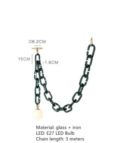 a black chain with a white ball hanging from it's end, and measurements for the