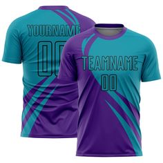 a purple and blue soccer jersey with the number 00 on it