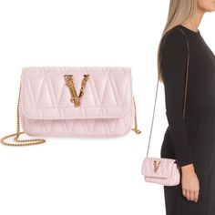 Versace Mini Virtus Quilted Leather Bagauthentic, Brand New, Never Used, Color English Rose Versace Gold (Blush Pink), Size 6.5"W X 3.75"H X 1.75"D (22.5” Strap Drop), Very Roomy - Fits Iphone 15 Pro Max, Wallet, Keys, Etc., Comes With Original Dust Bag And Tag. A Goldtone Barocco Letter V Shaped By Acanthus Leaves Taken From Versace’s Signature Motif Details The Flap Of This Everyday Bag In Quilted Lambskin Leather. Absolutely Stunning! Please Note: There Are Couple Tiny And Barely Visible Scra Versace Virtus Top Handle Bag, Versace Bags Women, Pink Versace Bag, Versace Crossbody Bags, Luxury Pink Pouch-shaped Satchel, Versace Bag, Versace Gold, Life Vision, Acanthus Leaves