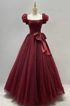 Poofy Grad Dresses, School Farewell Dress Ideas, Modern Gowns, Poofy Dresses, Farewell Dresses, Prom Dress With Short Sleeves, Tv Ideas, Burgundy Evening Dress, A Line Evening Dress