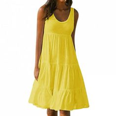 QLEICOM Womens Summer Dress, Sleeveless Ruffle Sleeve Round Neck Mini Dress, Loose Fit Short Flowy Pleated Dress, Casual T Shirt Swing Sundress, Sweet Beach Tank Summer Dresses Size: US Size:14.  Color: Yellow.  Gender: female.  Age Group: adult. Sukienki Plus Size, Beach Maxi Dress, Mini Robes, Tank Top Dress, Maxi Robes, Ruffle Mini Dress, Crewneck Dress, Vacation Dresses, Yoga Shorts