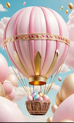 a pink hot air balloon flying through the sky with balloons floating around it and clouds in the background