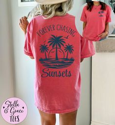 Forever Chasing Sunsets Shirt, Palm Tree Tshirt, Summer Tshirts, Beach Vibes Tshirt, Comfort Colors® Tshirt, Summer Vacation Shirt, Tees Welcome to Stella & Grace Tees! This charming retro palm tree design is perfect for summer outings, whether you're heading to the beach or basking in the warm sun. T-SHIRT DETAILS: ❤ Medium fabric (6.1 oz/yd² (206.8 g/m²) consisting of high quality, 100% ringspun US cotton for long-lasting comfort ❤ This unisex fit t-shirt is intended to be relaxed for women to Retro Palm Tree, Forever Chasing Sunsets, Tree Tshirt, Chasing Sunsets, Cheap Vinyl, Comfort Colors Tshirt, Tree Design, Vacation Shirts, Beach Vibes