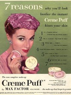 size: 12x9in Giclee Print: Max Factor, Creme Puff Foundation Powder Make-Up, UK, 1950 : Vintage Beauty Ads, Rockabilly Makeup 50s, Rockabilly Makeup, 50s Makeup, Vintage Makeup Ads, Creme Puff, Pin Up Makeup, Beauty Ads, Advertising Archives