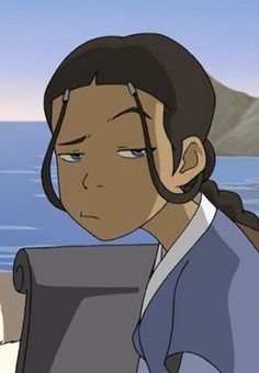 a cartoon character looking at something in front of the ocean with her head tilted back