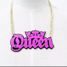 Price Firm! Bundle To Save! Brand New, Never Worn Super Cute Magenta On Black "Queen" Necklace! Wear Your Crown With Style And Pride! Gold Tone Chain Made Of Acrylic And Alloy Chain Length: 52 Cm Pendant: 10.5 Cm Wide Pink Punk Necklace For Party, Purple Necklace Jtv, Black Queen Necklace, Juicy Necklace, Magenta Necklace, Queen Necklace, Black Queen, Chain Lengths, Chain Length