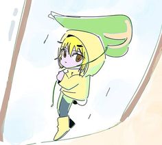 a drawing of a girl with long hair wearing a yellow hoodie and holding a green umbrella