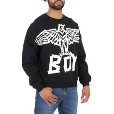 Boy London Mens Tops. Fashion category: Hoodies & Sweatshirts. SKU: BOY TAPE EAGLE SWEAT BLK/WHT. Color: Black/White. Boy London Boy Tape Eagle Cotton Sweatshirt. Crafted from cotton, featuring a ribbed crewneck, long sleeves, a ribbed hem and cuffs, an oversized fit, Boy Tape Eagle logo printed across front and since 1976 graphic on back. Material: 100% Cotton.