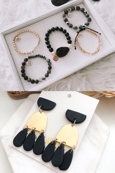 THIS WEEK ONLY! - Save 40% off of the Mystique Bracelet Stack or take 20% off of the individual bracelets! 🎉 Don't forget to complete your look with the Doris Collection - Raven Earrings at 40% off also! (ends 10/31/21) | www.kinsleyarmelle.com Adjustable Black Onyx Bead Stretch Bracelet, Black Bohemian Stackable Stretch Bracelet, Black Bohemian Stretch Bracelet Stackable, Black Onyx 8mm Beads Stretch Bracelet, Luxury Black Onyx Beaded Bracelets, Gray Jewelry, Grey Beads, Free Bracelet, Sliding Knot