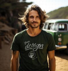 INSTANT DOWNLOAD - no physical item will be delivered Introducing our Adventurous Young Man in a Dark Green T-Shirt Mockup, exuding a free-spirited vibe near a classic campervan. This mockup perfectly captures the essence of outdoor exploration and would be an excellent choice for showcasing designs tailored to the adventurous and nature-loving crowd. The earthy green tee complements the rustic backdrop, making it an ideal canvas for your nature-inspired designs. Once your payment is cleared, you will receive an email with the download link. You can also access your purchase via your Etsy profile. Download the files, and start working on your images.  The high-resolution JPG file of t-shirt mockup will be blank and without any watermarks. Use any image editing software and add your design Black Male Models, Outdoor Exploration, Rustic Backdrop, Earthy Green, Green Tee, Beach Wear Men, Tee Shirt Homme, Green T Shirt, T Shirt Mockup