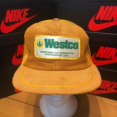 80s Westco Fertilizer Corduroy Mesh Trucker Hat - Snapback/ OSFA - Nylon/Polyester/Cotton - Made in Canada  - Foam is crumbling - Overall Great Worn Condition  - Message me for more information Vintage 5-panel Winter Hat, Vintage Winter 5-panel Hat, Retro Trucker Hat For Streetwear, Retro Yellow Baseball Cap, Vintage Corduroy Hat For Streetwear, Vintage Winter Hats For Streetwear, Vintage Flat Cap Trucker Hat For Streetwear, Retro Corduroy Hat For Streetwear, Retro Corduroy 5-panel Hat