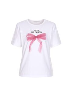 a white t - shirt with pink bows on the front