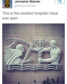 an image of two people in front of a wall with the caption'i saw this on the side of hospital '