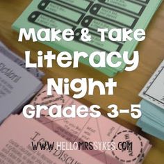 there are many different types of books on the table with text that reads make and take literature night grade 3 - 5