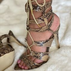 Brand New Never Worn Comfortable 4 1/2 Inch Heel Beautiful On Beige Strappy Heels For Vacation, Strappy Beige Heels For Vacation, 2 Inch Heels, Lace Up Sandals, Shoe Box, Snake Skin, Shoes Women Heels, Shoes Heels, Lace Up