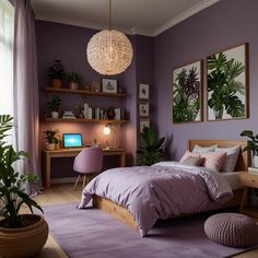 a bedroom with purple walls and plants in the corner, along with a large bed