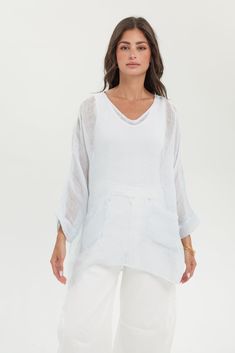 Weekend Mesh Linen Tee – BECASA V-neck Tops With Pockets For Vacation, Summer V-neck Top With Pockets, Summer Lounge Tops With Pockets, Summer Loungewear Tops With Pockets, Summer Tops With Pockets For Loungewear, White Tops With Pockets For Vacation, White Beach Tops With Pockets, Spring Beach Tops With Pockets, Beach Spring Tops With Pockets