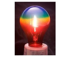 a rainbow colored light bulb sitting on top of a white base with a black background