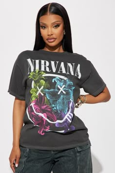 Available In Black Wash. T Shirt Crew Neck Short Sleeve Nirvana Graphic Front Screen Disclaimer: Due To The Printing Process A Difference In Saturation May Occur. Each Garment Is Unique. 100% Cotton Imported | Nirvana Rainbow Floral Smiley Tee Shirt in Black Wash size 2X by Fashion Nova Multicolor Grunge Top For Streetwear, Multicolor Letter Print Grunge Tops, Multicolor Grunge Crew Neck Top, Spring Grunge Tops With Front Print, Multicolor Front Print Top For Streetwear, Nirvana Tee, Nirvana Shirt, Women's Graphic Tees, Cute Comfy Outfits