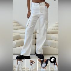 Never Worn. Still Has Tags. Super Cute Just Too Big On Me Unfortunately. White High Waist Bottoms With Cargo Pockets, High Waist White Bottoms With Cargo Pockets, White High-waisted Bottoms With Cargo Pockets, Chic Mid-rise Bottoms For Streetwear, Trendy White Pants With Pockets, Chic High Rise Cotton Cargo Pants, White High Waist Cargo Bottoms, High Waist White Cargo Bottoms, Trendy White Full-length Cargo Jeans