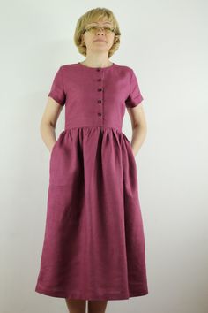 "Spring dress, Write the selected color in the message Linen women dress, summer dress. Handmade fuchsia linen dress with short or 1/2 long sleeves and 2 pockets , perfect for casual wear and suitable for any occasion in any season Details: - 100% natural linen produced in Europe ; - medium weight (180 gram per square meter); - color: fuchsia, could be any from our colors catalog (color samples at the photo); Made to order, approximately a few days, If you have any questions please message me an Summer A-line Linen Midi Dress, Relaxed Fit Mid-length Summer Dress, Relaxed Fit A-line Linen Dress, Summer Linen Mid-length Maxi Dress, Summer Mid-length Linen Maxi Dress, Fitted Knee-length Linen Summer Dress, Linen Summer Dresses With Short Sleeves, Short Sleeve Linen Summer Dresses, Mid-length Linen Dress For Summer